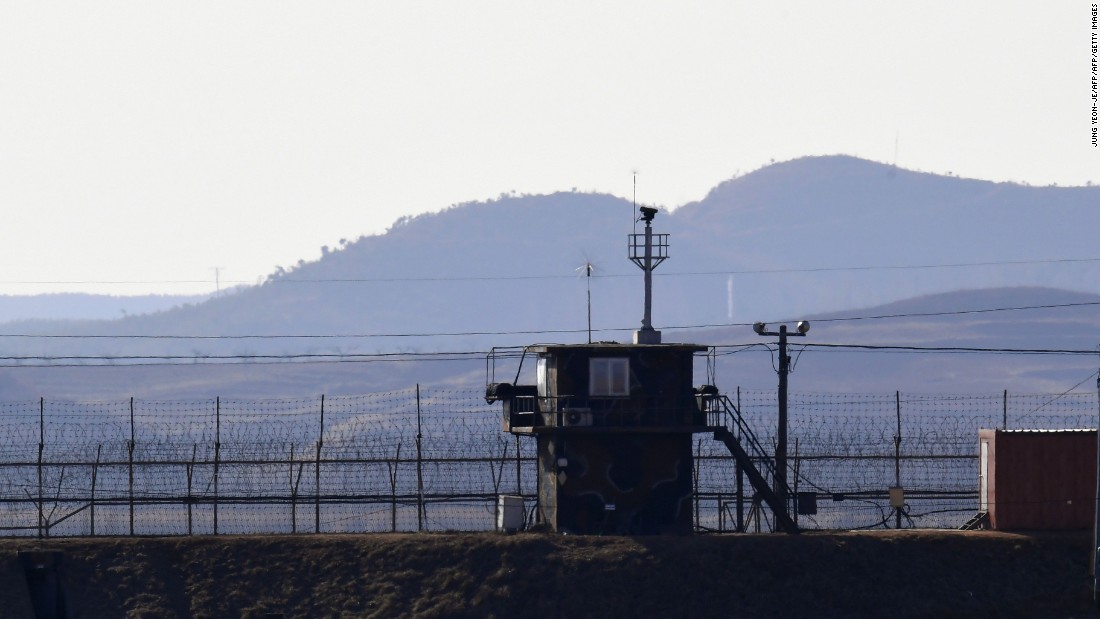 This picture taken on February 12, 2017 shows a South Korean guard post along military barbed wire fence in the border city of Paju near the demilitarized zone (DMZ) dividing the two Koreas.