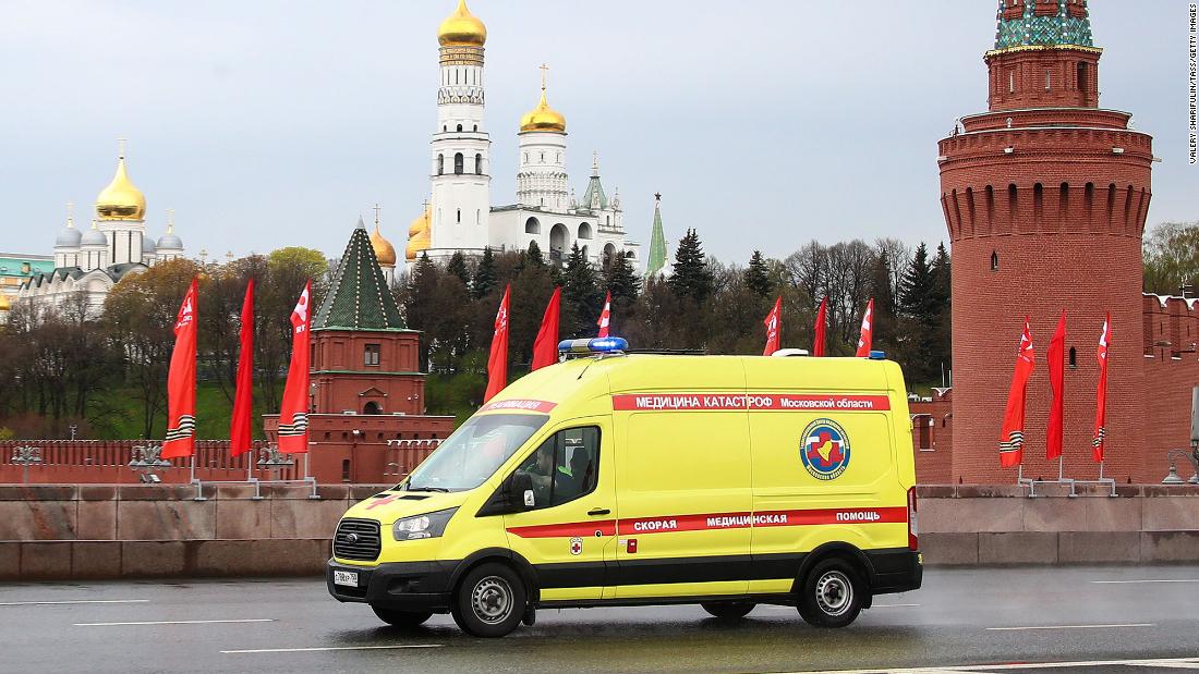 An ambulance seen on Moscow's Bolshoi Moskvoretsky Bridge during the ongoing Covid-19 outbreak on May 4.