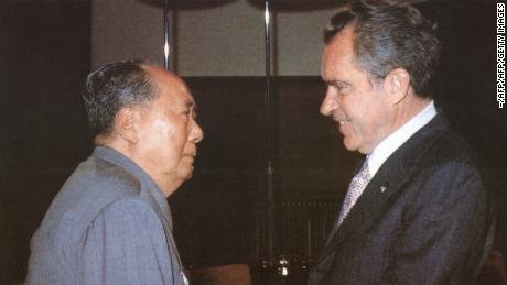 Chinese communist leader Chairman Mao Zedong welcomed US President Richard Nixon at his home in Beijing during Nixon's historic trip to China in 1972.