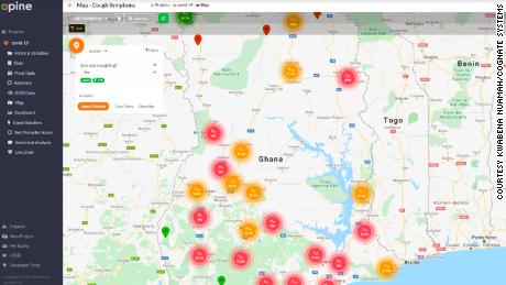 The Opine Health Assistant map shows a coronavirus reporting symptoms of cough in Ghana