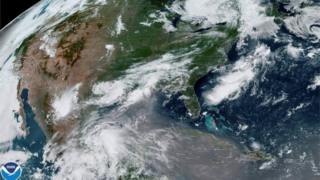 A plume of dust from the Sahara Desert approaches the United States from the Caribbean in an image from the National Oceanic and Atmospheric Administration (NOAA) GOES-East satellite June 24, 2020.