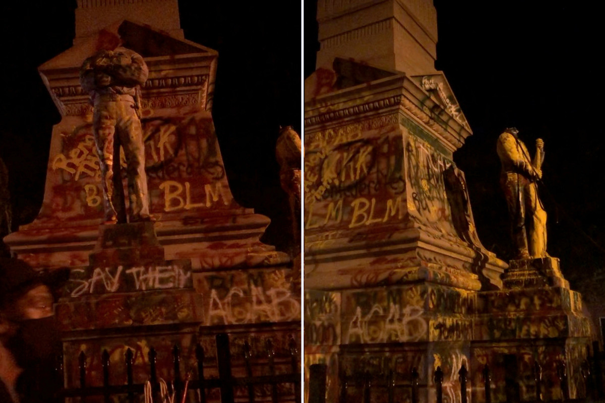 The protestor was injured when the Confederate monument fell on his head