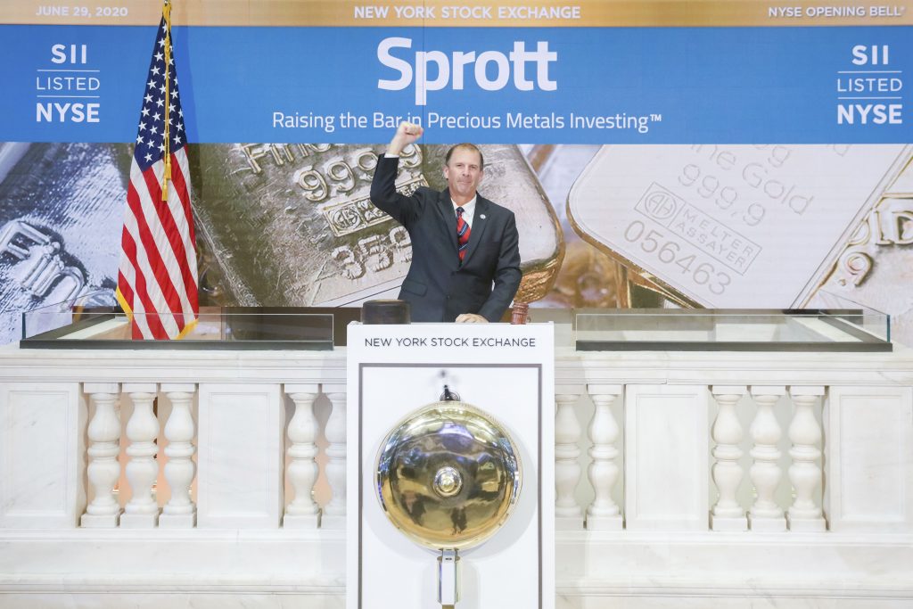 IMAGE DISTRIBUTED FOR THE NEW YORK STOCK EXCHANGE - Sprott Inc (NYSE: SII) virtually rings the NYSE Opening Bell in celebration of its listing on the NYSE on Monday, June 29th, 2020 in New York. (New York Stock Exchange via AP Images)