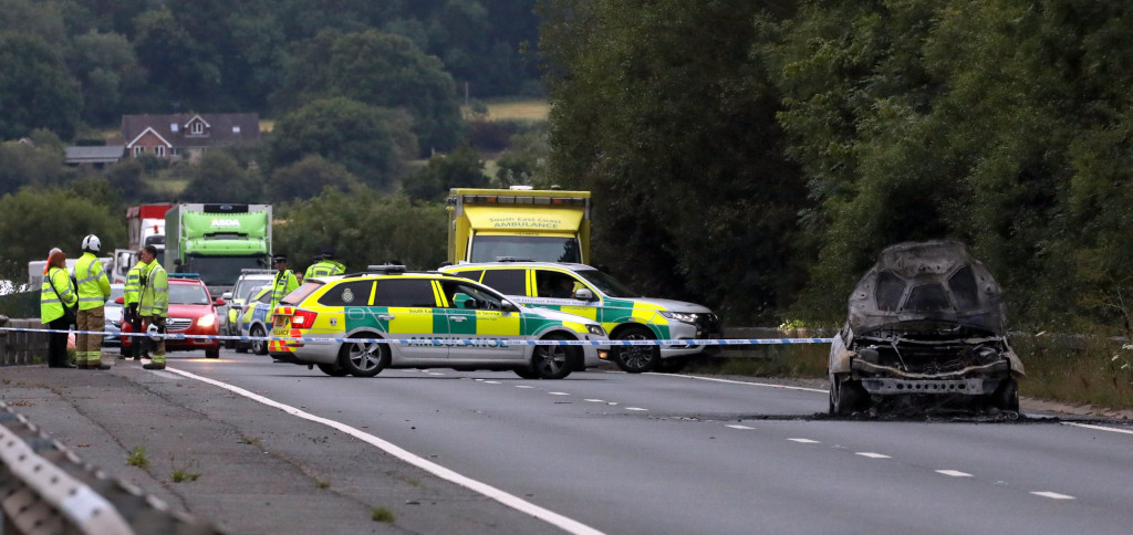 The scene on the A21 in Kent where LSE law graduate Azra Kemal's car set alight before she fell to her death down a gap between the carriageways of the 
 Medway Viaduct