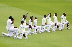 West Indies’ players kneel in support of the Black Lives Matter campaign.
