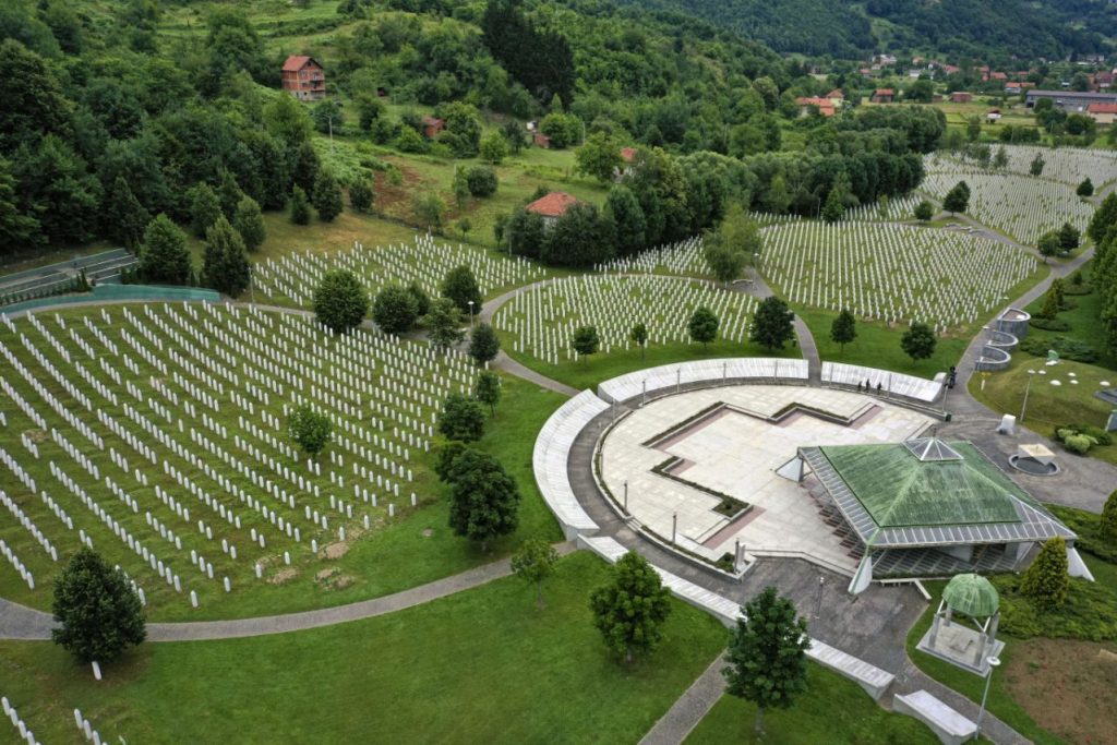 Gravestones are lined up at the memorial cemetery in Potocari, near Srebrenica, Bosnia, Tuesday, July 7, 2020. A quarter of a century after they were killed in Sreberenica, eight Bosnian men and boys will be laid to rest Saturday, July 11. Over 8,000 Bosnian Muslims perished in 10 days of slaughter after the town was overrun by Bosnian Serb forces in the closing months of the country’s 1992-95 fratricidal war. (AP Photo/Kemal Softic)