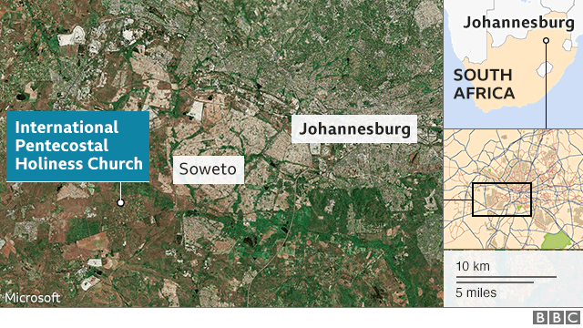 A map showing where the church is in South Africa