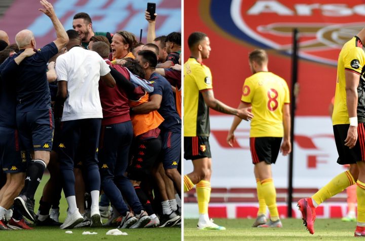 Aston Villa players and staff celebrate Premier League survival (L), while relegated Watford's players were left despondent