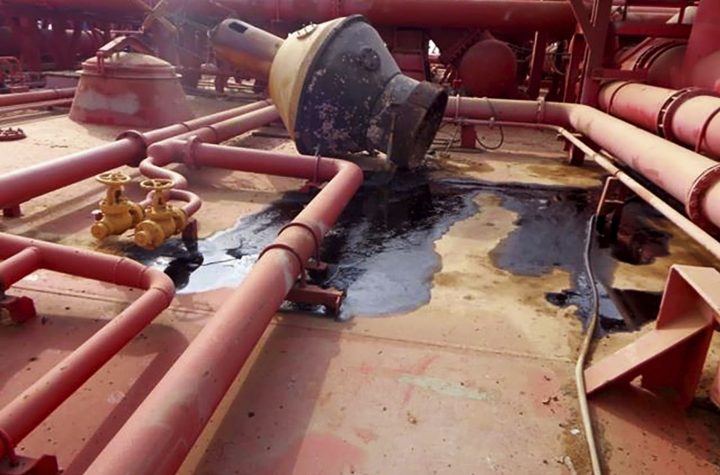 This image provided by I.R. Consilium taken in 2019, shows the deck of the FSO Safer, indicating the lack of basic maintenance for several years, leading to incidental smaller spills, moored off Ras Issa port, Yemen. Houthi rebels are blocking the United Nations from inspecting the abandoned oil tanker loaded with more than one million barrels of crude oil. UN officials and experts fear the tanker could explode or leak, causing massive environmental damage to Red Sea marine life. (I.R. Consilium via AP)