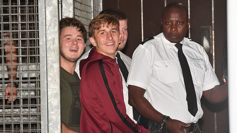 Previously unissued photo dated 19/09/19 of Albert Bowers (left) and Jessie Cole (centre) leaving Reading Magistrates Court following an appearance in relation to the death of PC Andrew Harper. Driver Henry Long, 19, has been found not guilty at the Old Bailey of murder, but had earlier pleaded guilty to manslaughter. His passengers Jessie Cole and Albert Bowers, both 18, were cleared of murder but found guilty of manslaughter for the death of Pc Andrew Harper, who had been attempting to apprehe