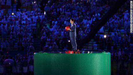 Abe appears during the flag handover segment of the 2016 Rio Olympics closing ceremony.