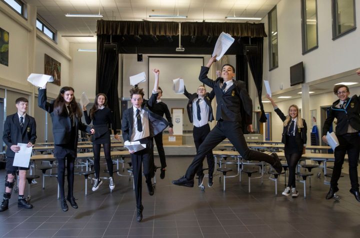 Handout photo issued by Jeff Holmes of pupils celebrating their exam results at Linwood High in Renfrewshire. Pupils across Scotland are finding out their Scottish Qualifications Authority (SQA) grades on Tuesday as results were published amid a row over how they have been reached during lockdown.