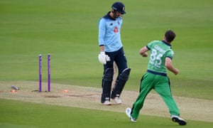 Ireland’s Curtis Campher (right) celebrates bowling England’s James Vince, who trudges off the pitch.