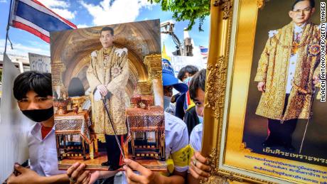 At a pro-government and pro-monarchy rally in Bangkok on July 30, 2020, exhibitors featured portraits of King Maha Waziralongkorn of Thailand and his late father, King Bhumibol Adulyadej.