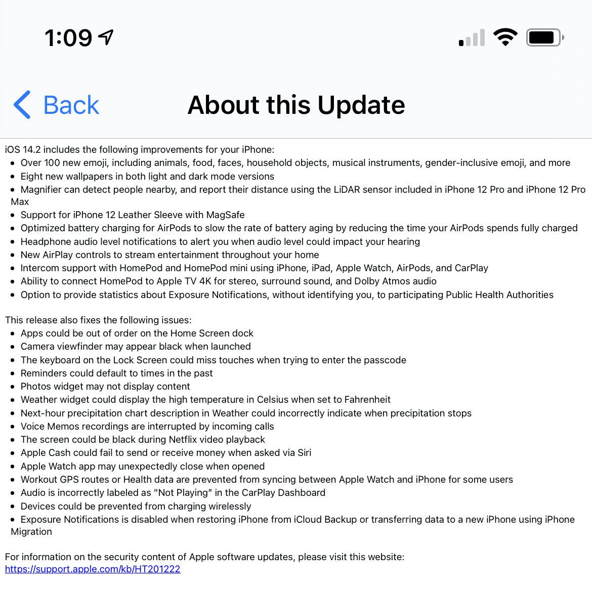 Screenshot of the iOS 14.2 changelog that appears when updating the phone