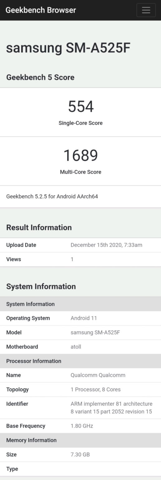 Samsung Galaxy A52 4G Processor Geekbench