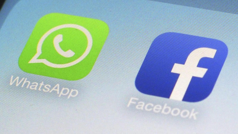 WhatsApp and Facebook logos on screen.