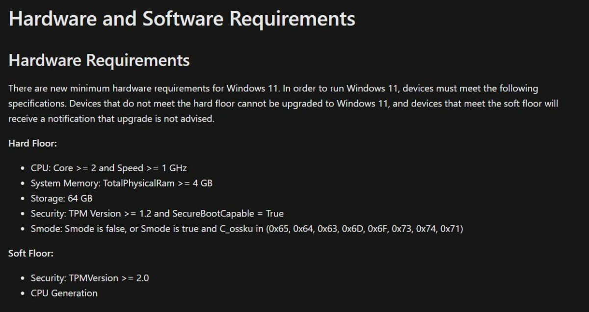 Microsoft documentation on system requirements for Windows 11