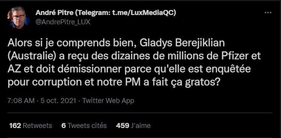 Screenshot of Andre Pitre's tweet stating that Gladys had to resign because she received ten million dollars from Beregilian Pfizer and AstraZeneca. 