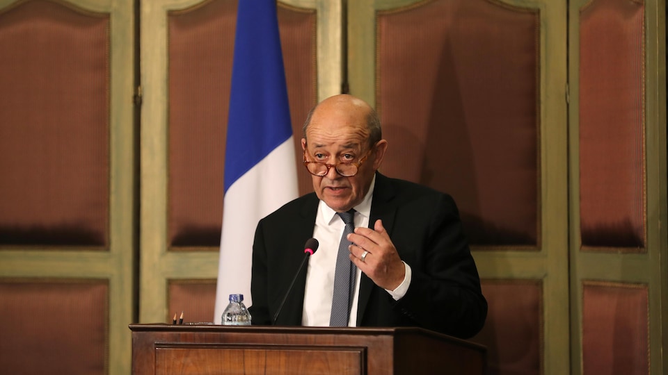 Foreign Minister Jean-Yves Le Drian at a press conference.