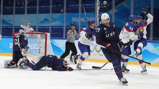 Des joueurs de hockeys sont rassemblés derrière un filet après avoir marqué un but.