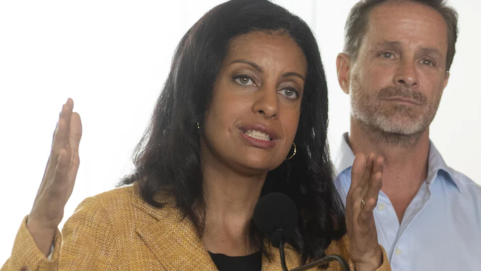 Dominique Anglade and Fred Beauchemin at a press conference.