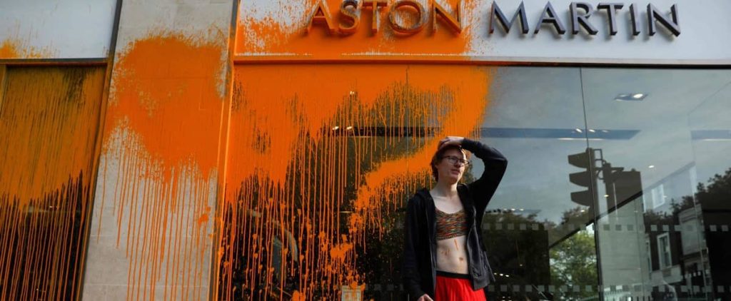 An Aston Martin car dealership in London was attacked by environmental activists