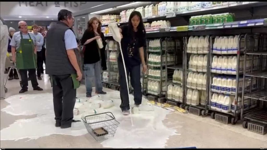 English activists protested by pouring liters of milk on the floor