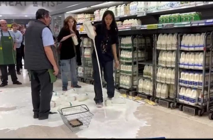 English activists protested by pouring liters of milk on the floor