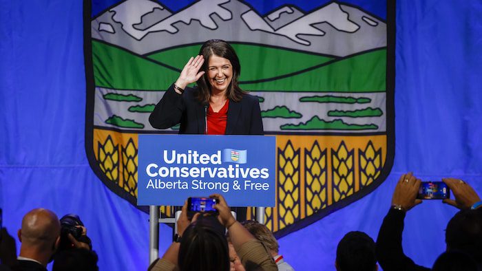 Danielle Smith celebrates her victory and entertains the crowd at the BMO Center in Calgary on October 6, 2022.