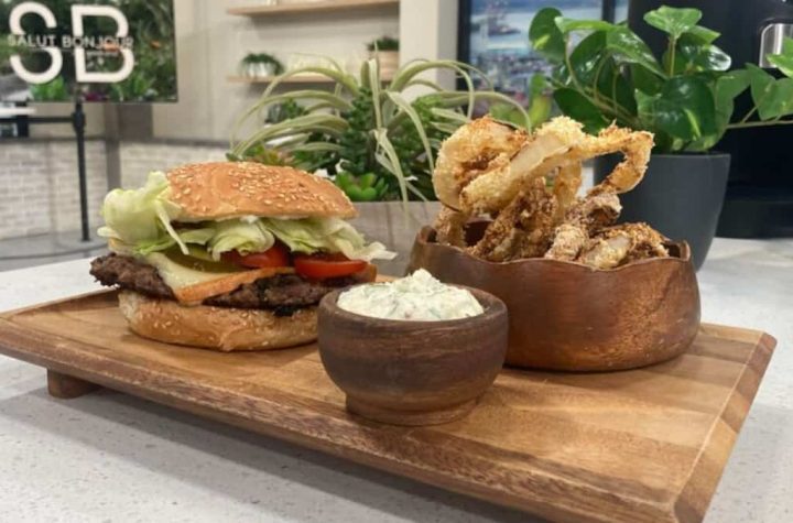 Beef Smash Burgers with Mamiroll Cheese, Onion Rings and Ranch Sauce