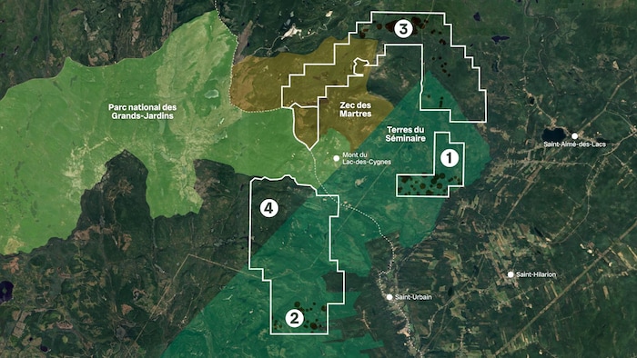 Map showing potential mine sites, as well as the borders of the Terres du Seminar, ZEC des Martres and Grands-Jardins National Park.