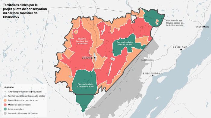 A map illustrating the targeted territory, including population distribution area, territories targeted by pilot projects, protected areas, conservation areas, habitat areas under restoration and Seminaire de Québec lands.